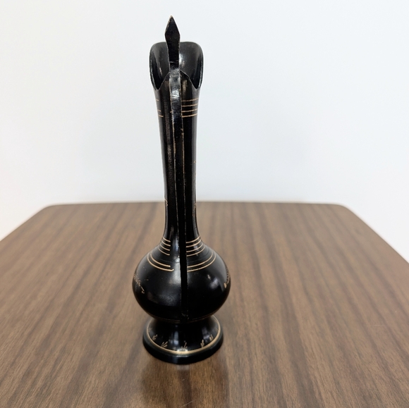 Vintage Black Enameled Etched Gold Tone Brass Pitcher Vase Floral Design - Picture 3 of 13